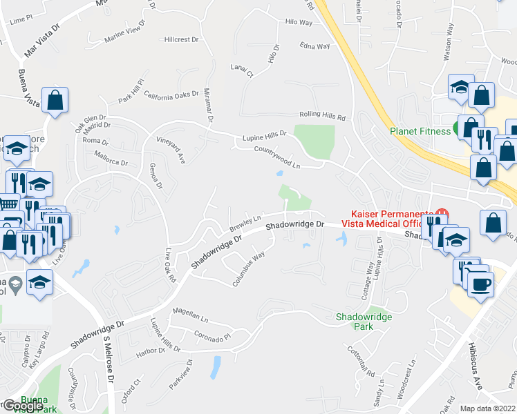 map of restaurants, bars, coffee shops, grocery stores, and more near 1993 Cloverleaf Court in Vista