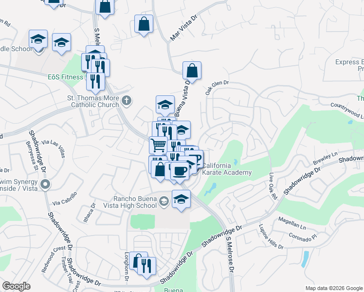 map of restaurants, bars, coffee shops, grocery stores, and more near 1600 Buena Vista Drive in Vista