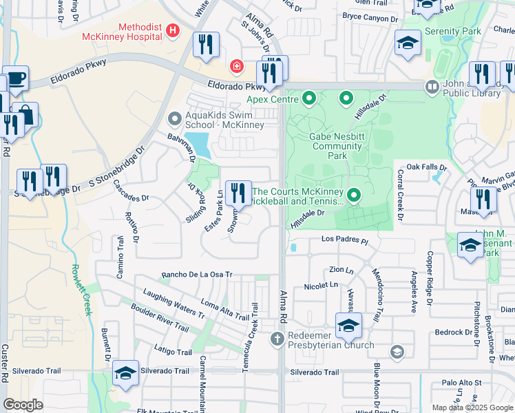 map of restaurants, bars, coffee shops, grocery stores, and more near 7605 Powder Horn Lane in McKinney