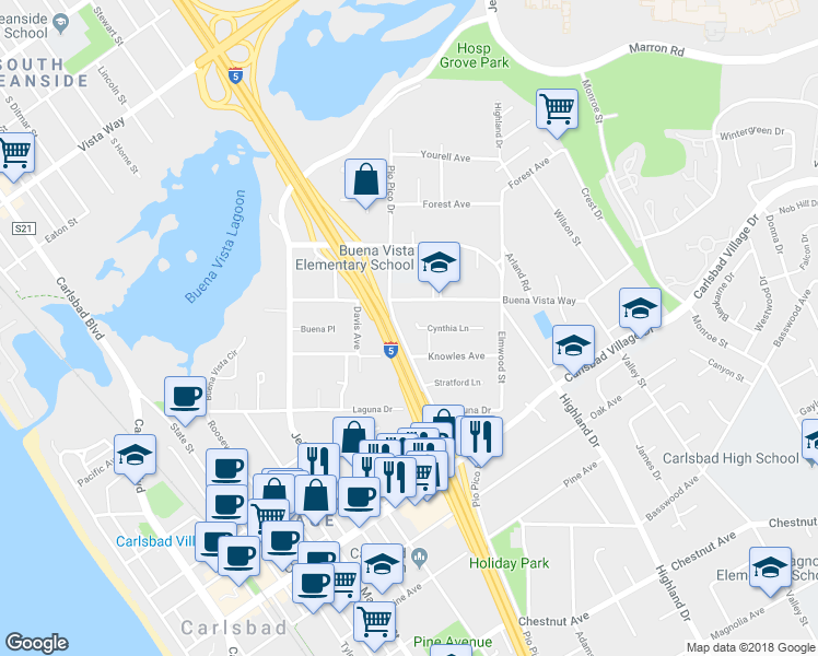 map of restaurants, bars, coffee shops, grocery stores, and more near 1265 Cynthia Lane in Carlsbad