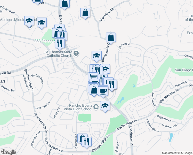 map of restaurants, bars, coffee shops, grocery stores, and more near 1582 South Melrose Drive in Vista