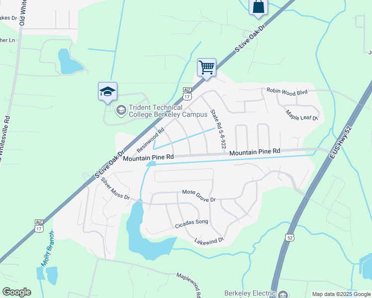 map of restaurants, bars, coffee shops, grocery stores, and more near 117 Pine Straw Lane in Moncks Corner