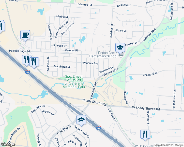 map of restaurants, bars, coffee shops, grocery stores, and more near 4721 Redbud Drive in Denton