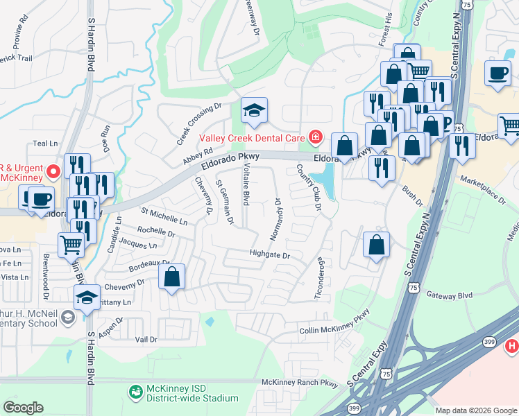 map of restaurants, bars, coffee shops, grocery stores, and more near 2407 Bastille Court in McKinney