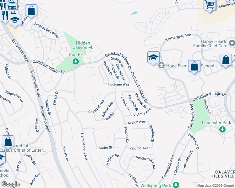 map of restaurants, bars, coffee shops, grocery stores, and more near 3602 Pontiac Dr in Carlsbad