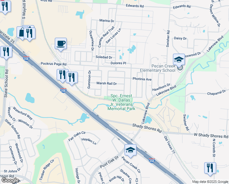 map of restaurants, bars, coffee shops, grocery stores, and more near 6020 Goldenrod Dr in Denton