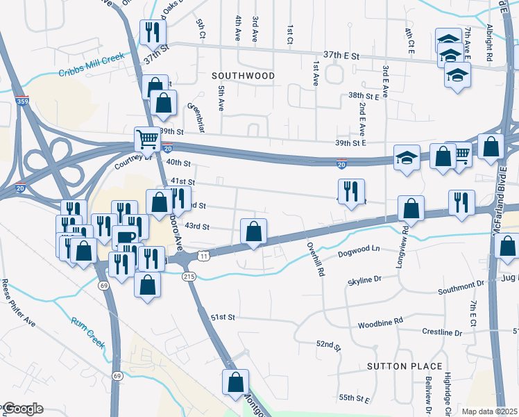 map of restaurants, bars, coffee shops, grocery stores, and more near 412 42nd Street in Tuscaloosa