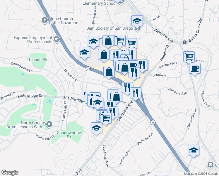 map of restaurants, bars, coffee shops, grocery stores, and more near 2076 Thibodo Road in Vista