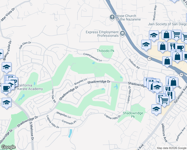 map of restaurants, bars, coffee shops, grocery stores, and more near 1102 Brewley Lane in Vista