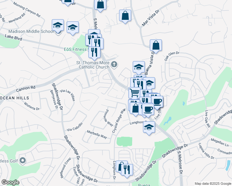 map of restaurants, bars, coffee shops, grocery stores, and more near 1515 South Melrose Drive in Vista