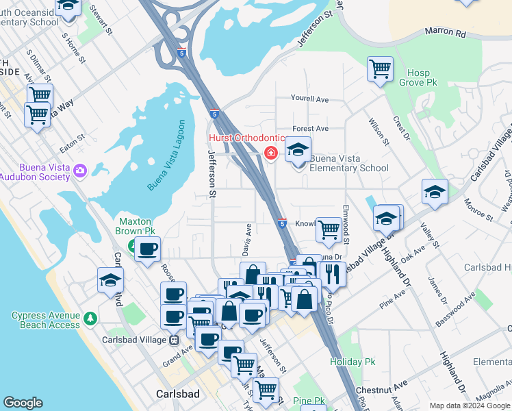 map of restaurants, bars, coffee shops, grocery stores, and more near 1130 Knowles Avenue in Carlsbad