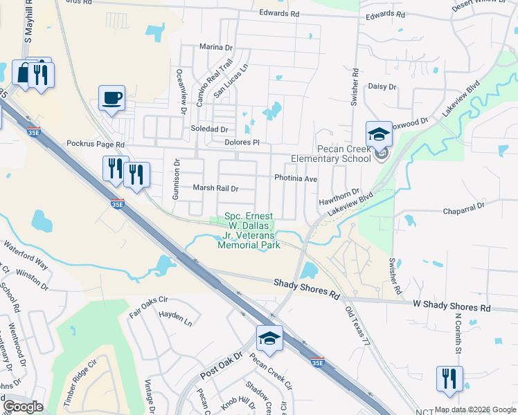 map of restaurants, bars, coffee shops, grocery stores, and more near 4717 Heron Pond Lane in Denton