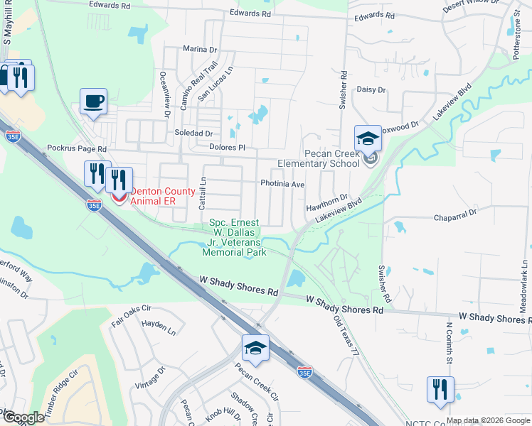 map of restaurants, bars, coffee shops, grocery stores, and more near 4720 Dogwood Drive in Denton