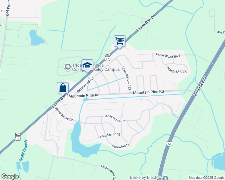 map of restaurants, bars, coffee shops, grocery stores, and more near 117 Pine Straw Lane in Moncks Corner