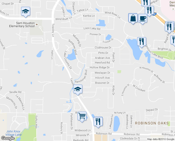 map of restaurants, bars, coffee shops, grocery stores, and more near 3705 Ranchman Boulevard in Denton