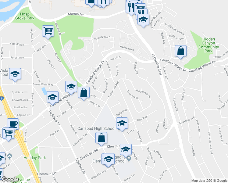 map of restaurants, bars, coffee shops, grocery stores, and more near 2105 Basswood Avenue in Carlsbad