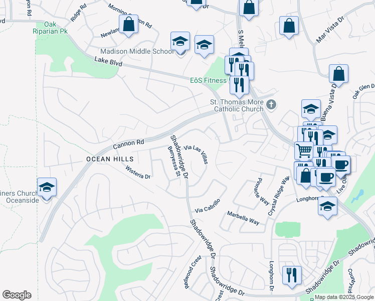 map of restaurants, bars, coffee shops, grocery stores, and more near 3709 Via Las Villas in Oceanside
