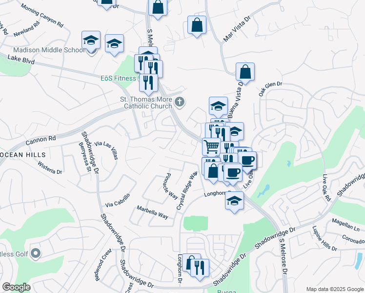map of restaurants, bars, coffee shops, grocery stores, and more near 1515 South Melrose Drive in Vista