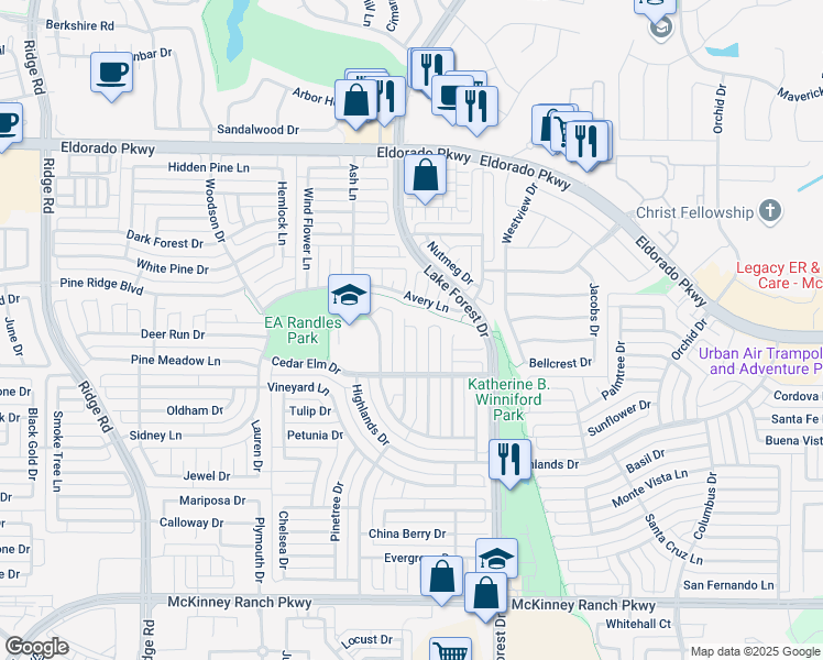 map of restaurants, bars, coffee shops, grocery stores, and more near 3405 Almond Ln in McKinney