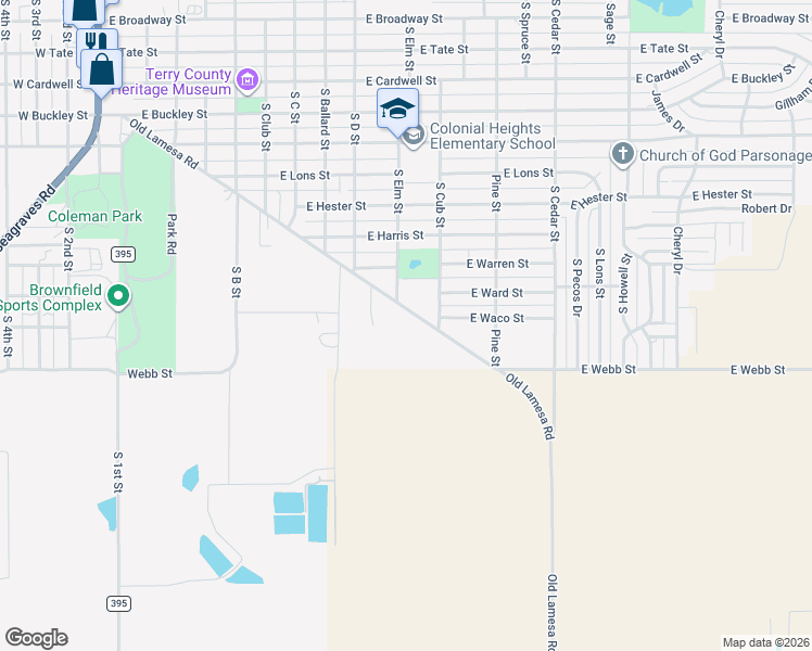 map of restaurants, bars, coffee shops, grocery stores, and more near 1012 Old Lamesa Road in Brownfield