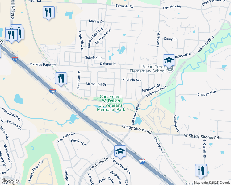 map of restaurants, bars, coffee shops, grocery stores, and more near 4717 Heron Pond Lane in Denton