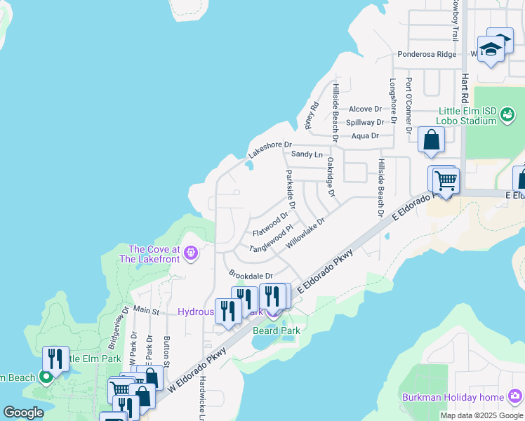 map of restaurants, bars, coffee shops, grocery stores, and more near 213 Northwood Drive in Little Elm
