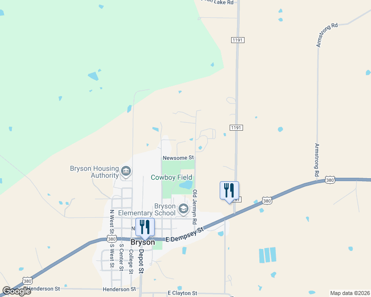 map of restaurants, bars, coffee shops, grocery stores, and more near 2 Dennis Street in Bryson