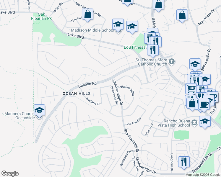 map of restaurants, bars, coffee shops, grocery stores, and more near 5119 Berryessa Street in Oceanside