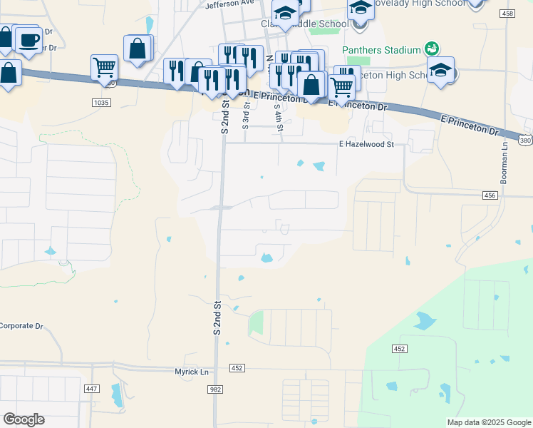 map of restaurants, bars, coffee shops, grocery stores, and more near 208 Oxford Loop in Princeton