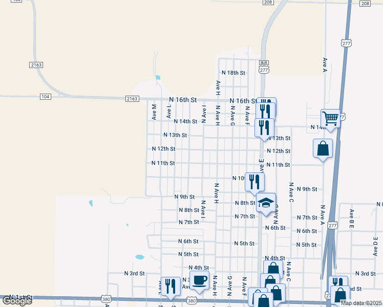 map of restaurants, bars, coffee shops, grocery stores, and more near 1106 North Avenue J in Haskell