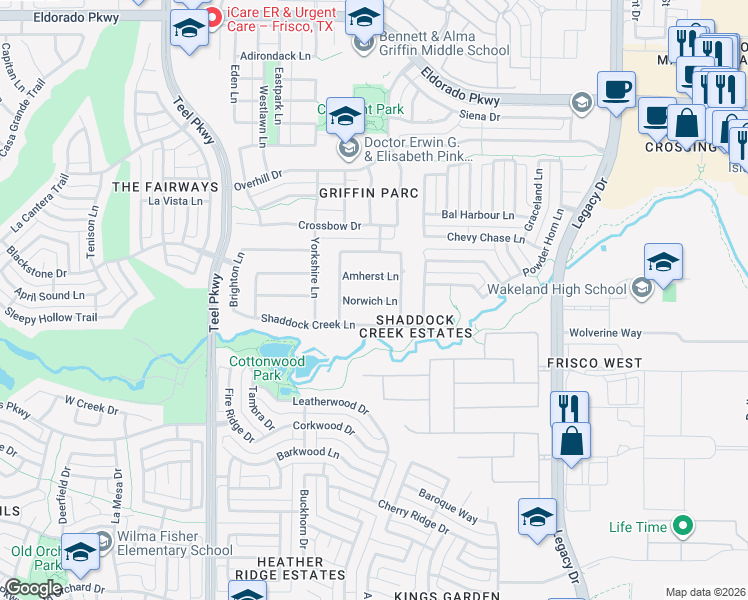 map of restaurants, bars, coffee shops, grocery stores, and more near 3711 Norwich Lane in Frisco