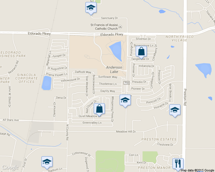 map of restaurants, bars, coffee shops, grocery stores, and more near 7803 Thistletree Lane in Frisco
