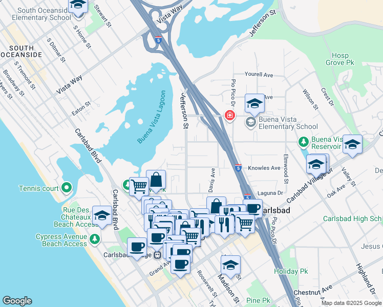 map of restaurants, bars, coffee shops, grocery stores, and more near 2546 Jefferson St in Carlsbad