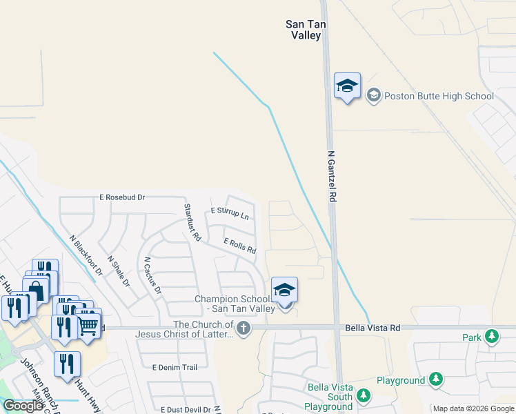 map of restaurants, bars, coffee shops, grocery stores, and more near 1517 East Rosebud Drive in Queen Creek