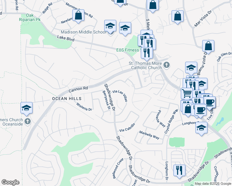 map of restaurants, bars, coffee shops, grocery stores, and more near 3709 Via Las Villas in Oceanside
