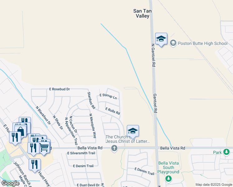 map of restaurants, bars, coffee shops, grocery stores, and more near 1517 East Rosebud Drive in Queen Creek