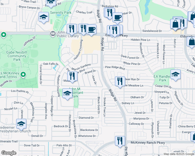 map of restaurants, bars, coffee shops, grocery stores, and more near 3504 Amanda Way in McKinney