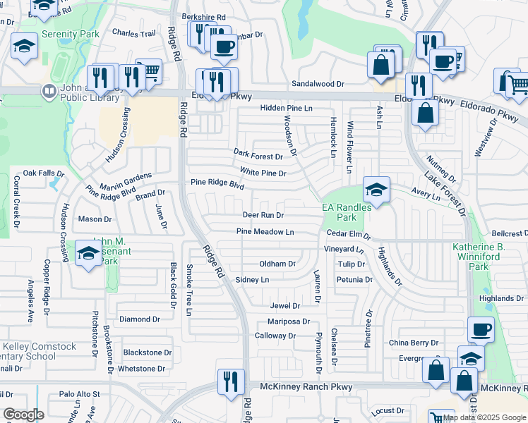 map of restaurants, bars, coffee shops, grocery stores, and more near 3412 Pinecone Drive in McKinney