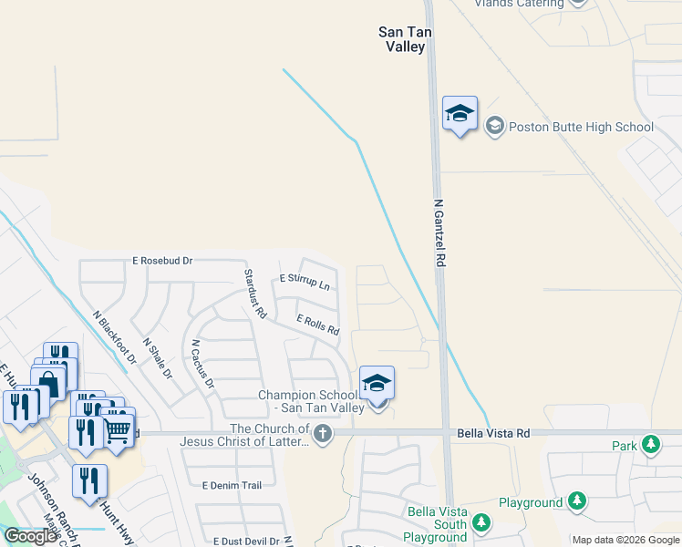 map of restaurants, bars, coffee shops, grocery stores, and more near 1517 East Rosebud Drive in Queen Creek