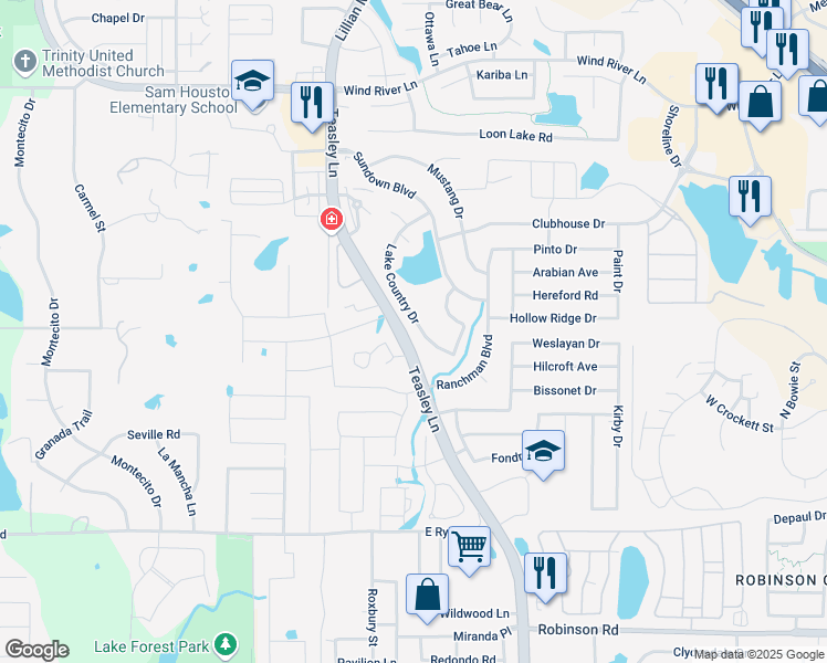 map of restaurants, bars, coffee shops, grocery stores, and more near 3716 Lake Country Drive in Denton