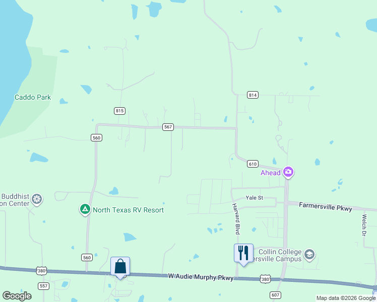 map of restaurants, bars, coffee shops, grocery stores, and more near 14214 County Road 567 in Farmersville