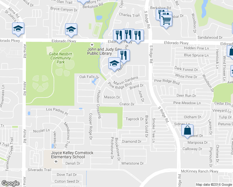 map of restaurants, bars, coffee shops, grocery stores, and more near 6704 Mason Drive in McKinney