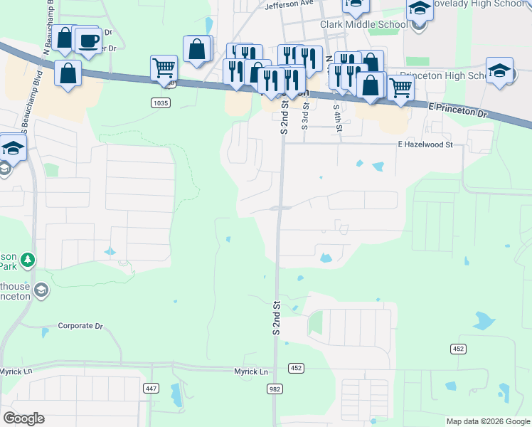 map of restaurants, bars, coffee shops, grocery stores, and more near 301 Timbercreek Court in Princeton