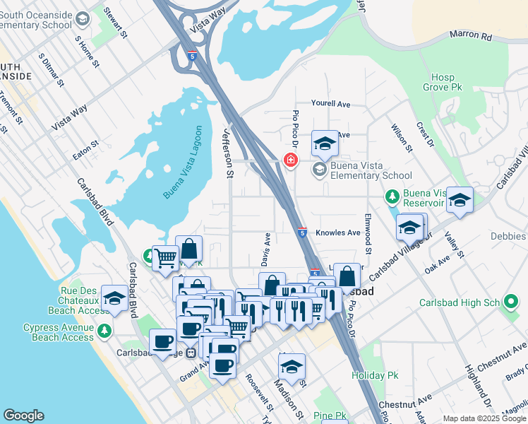 map of restaurants, bars, coffee shops, grocery stores, and more near 1090 Buena Place in Carlsbad