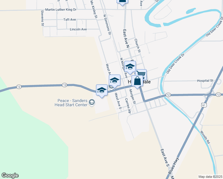 map of restaurants, bars, coffee shops, grocery stores, and more near 502 West Washington Street in Hollandale