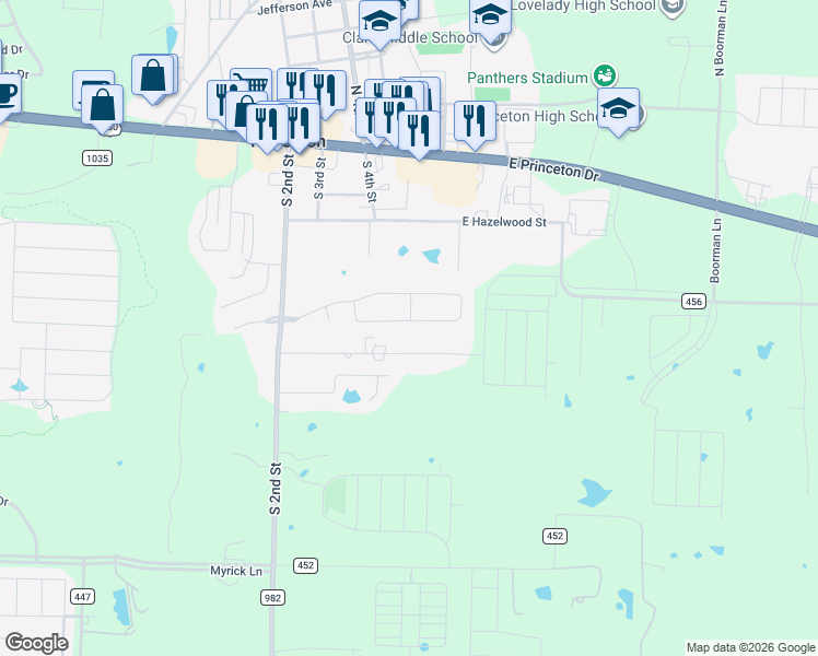map of restaurants, bars, coffee shops, grocery stores, and more near 507 Oxford Loop in Princeton