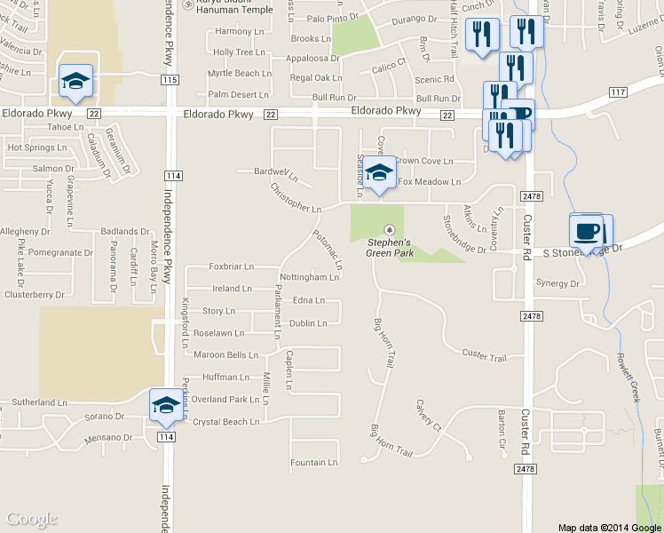 map of restaurants, bars, coffee shops, grocery stores, and more near 11053 Potomac Ln in Frisco