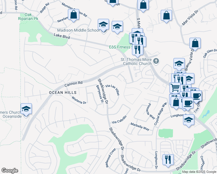 map of restaurants, bars, coffee shops, grocery stores, and more near 3709 Via Las Villas in Oceanside