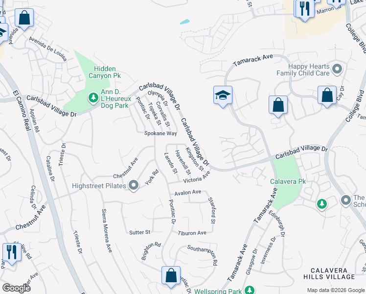 map of restaurants, bars, coffee shops, grocery stores, and more near 3601 Haverhill Street in Carlsbad
