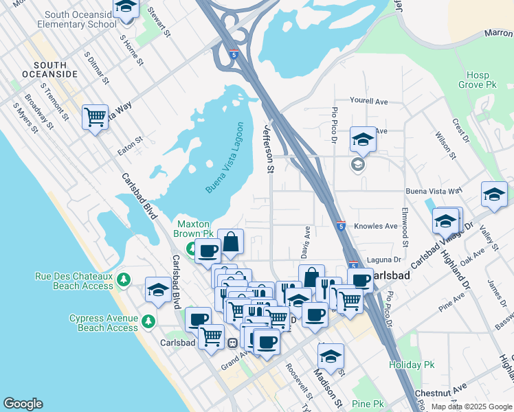 map of restaurants, bars, coffee shops, grocery stores, and more near 2535 Jefferson Street in Carlsbad
